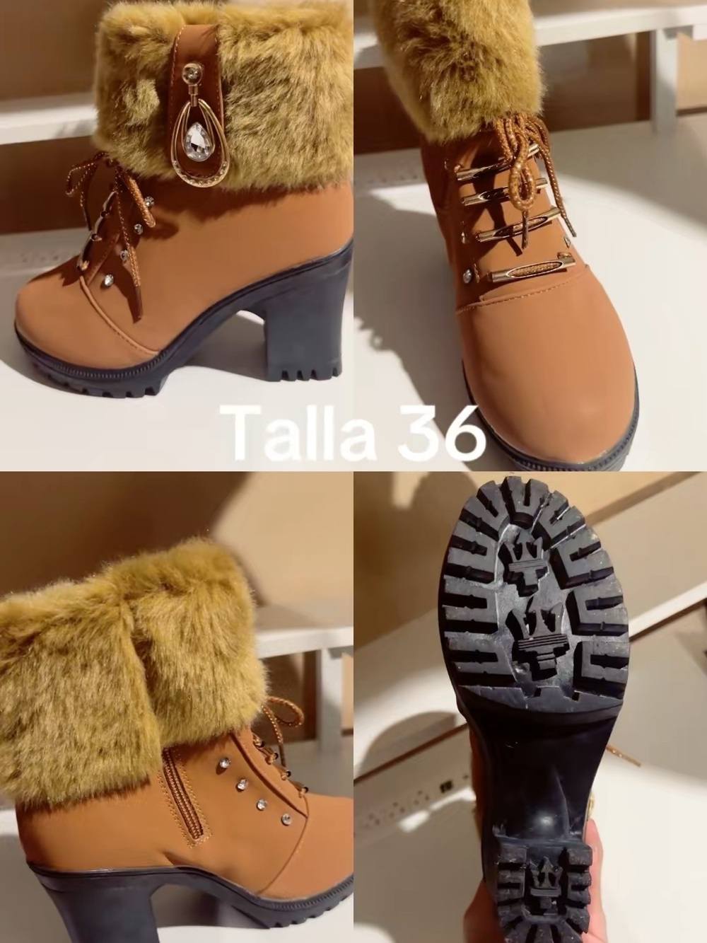 Faux Fur Trim Tan Women's Lug Heel Boots